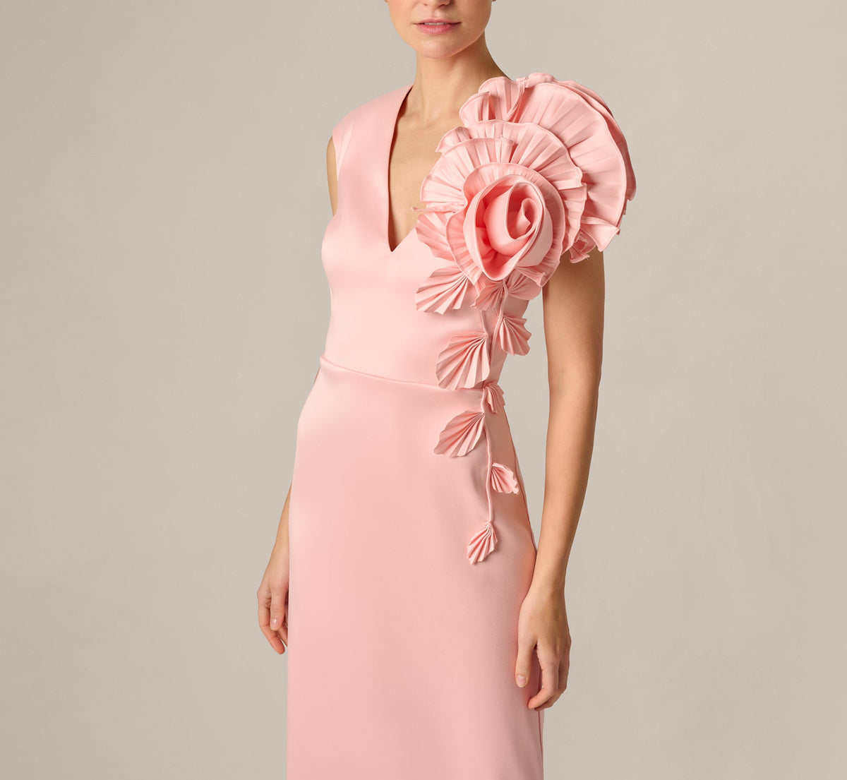 Stretch Mikado Rosette Shoulder Gown - Pink Cloud | Adrianna Papell