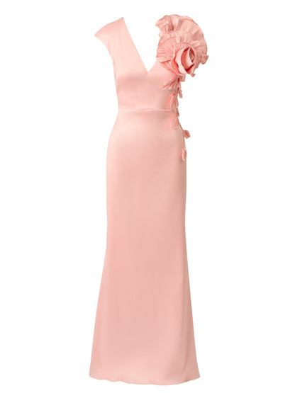 Stretch Mikado Rosette Shoulder Gown - Pink Cloud | Adrianna Papell