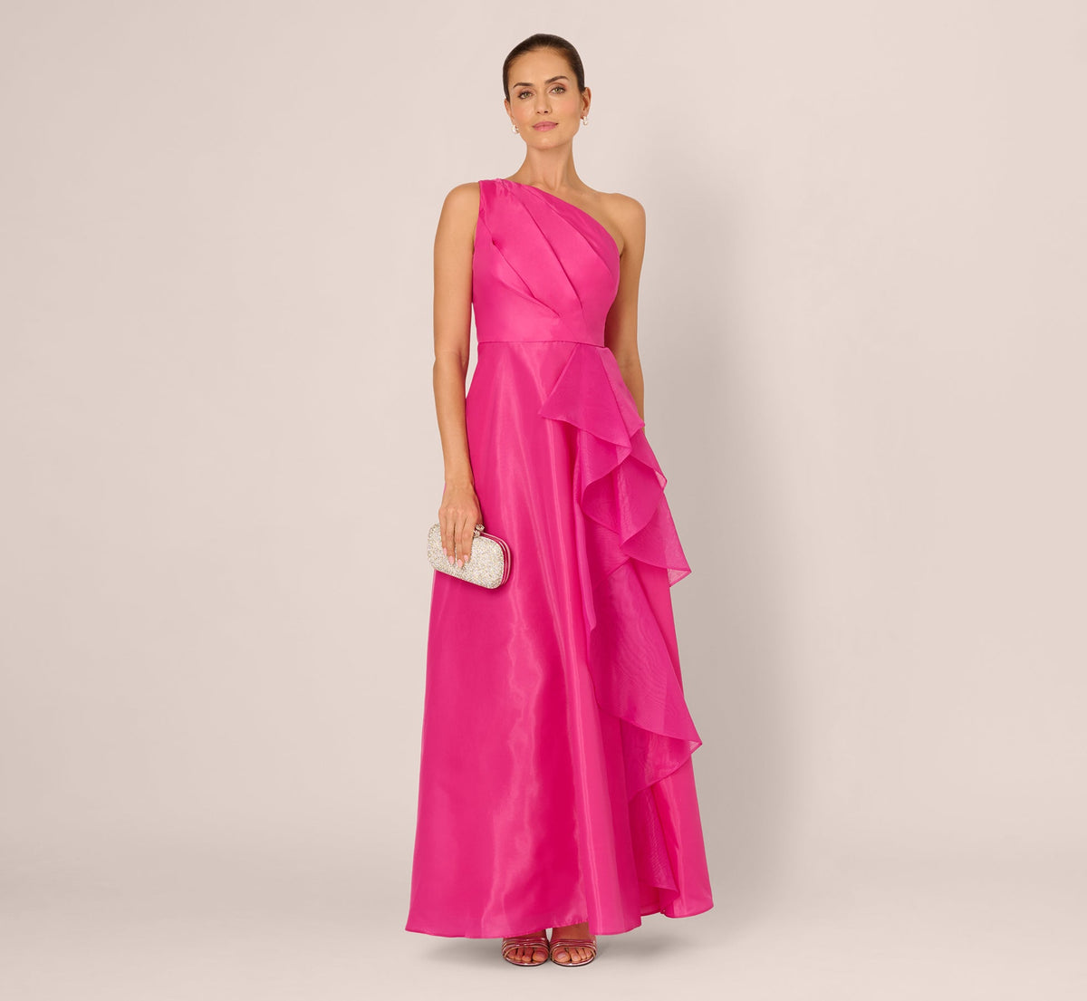 One Shoulder Tulle Cascade Gown - Lipstick | Adrianna Papell