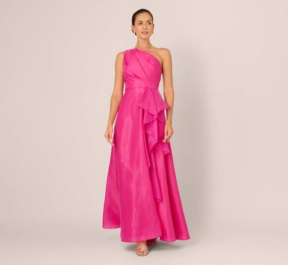 One Shoulder Tulle Cascade Gown - Lipstick | Adrianna Papell
