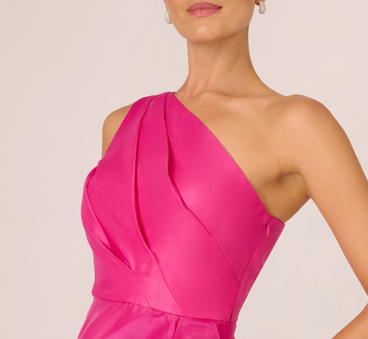 One Shoulder Tulle Cascade Gown - Lipstick | Adrianna Papell