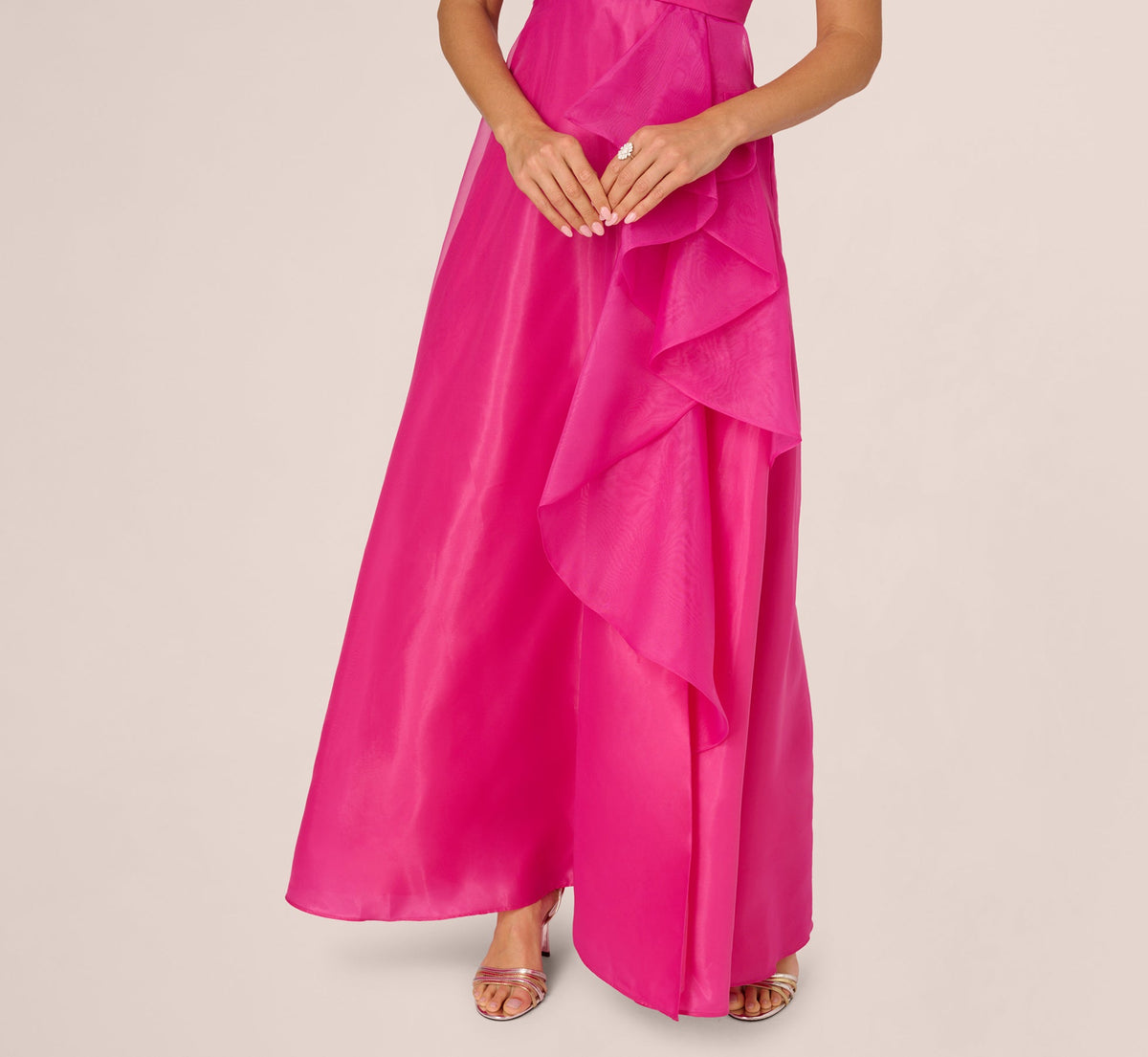 One Shoulder Tulle Cascade Gown - Lipstick | Adrianna Papell