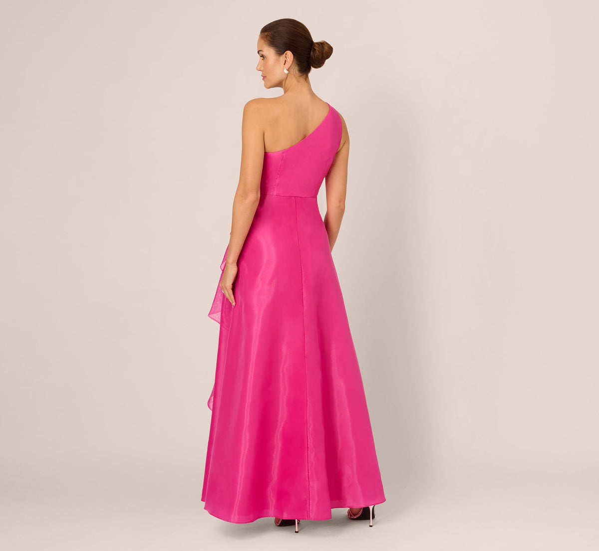 One Shoulder Tulle Cascade Gown - Lipstick | Adrianna Papell