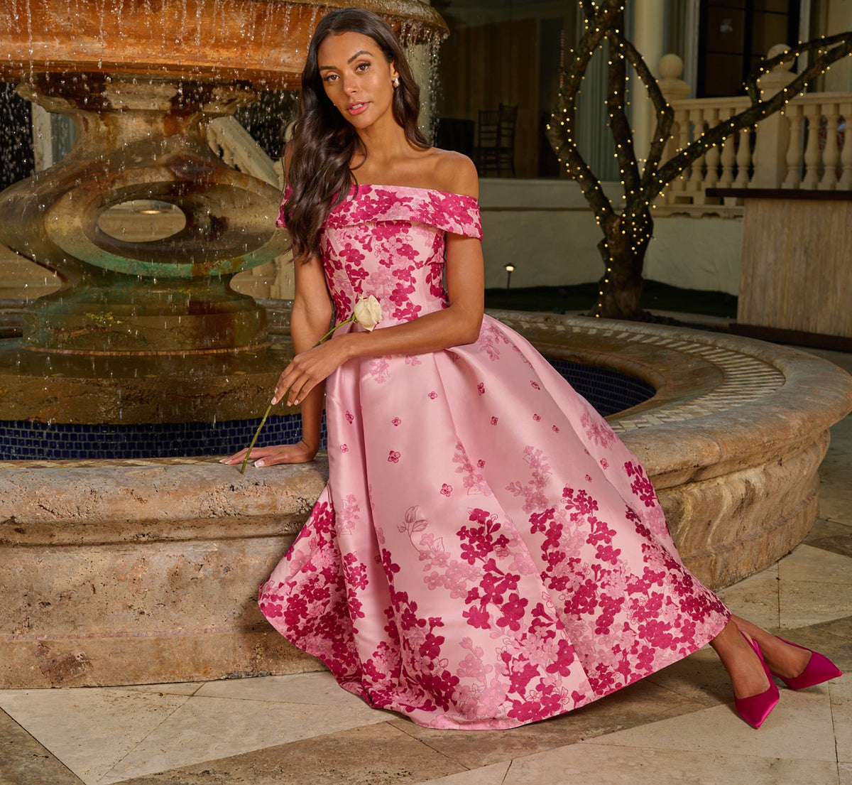 Floral Jacquard Ankle Length Dress With Off The Shoulder Neckline - Pink Multi | Adrianna Papell