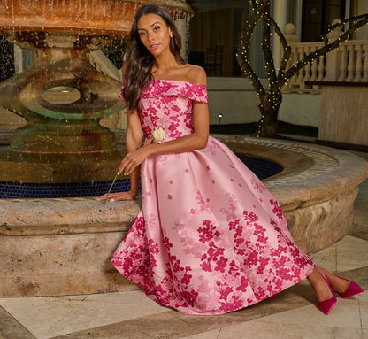 Floral Jacquard Ankle Length Dress With Off The Shoulder Neckline - Pink Multi | Adrianna Papell