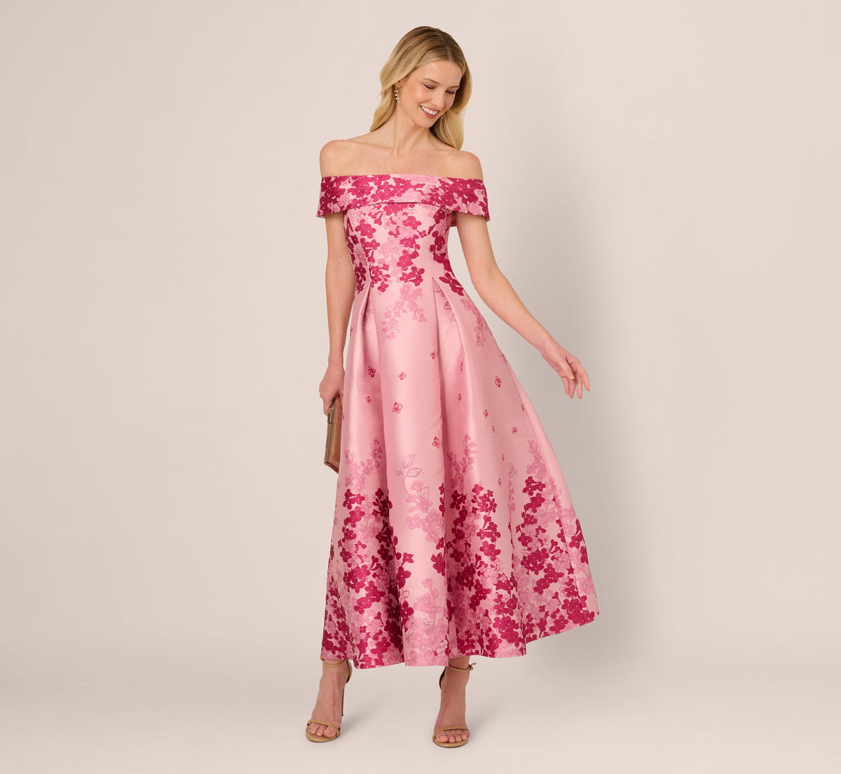 Floral Jacquard Ankle Length Dress With Off The Shoulder Neckline - Pink Multi | Adrianna Papell
