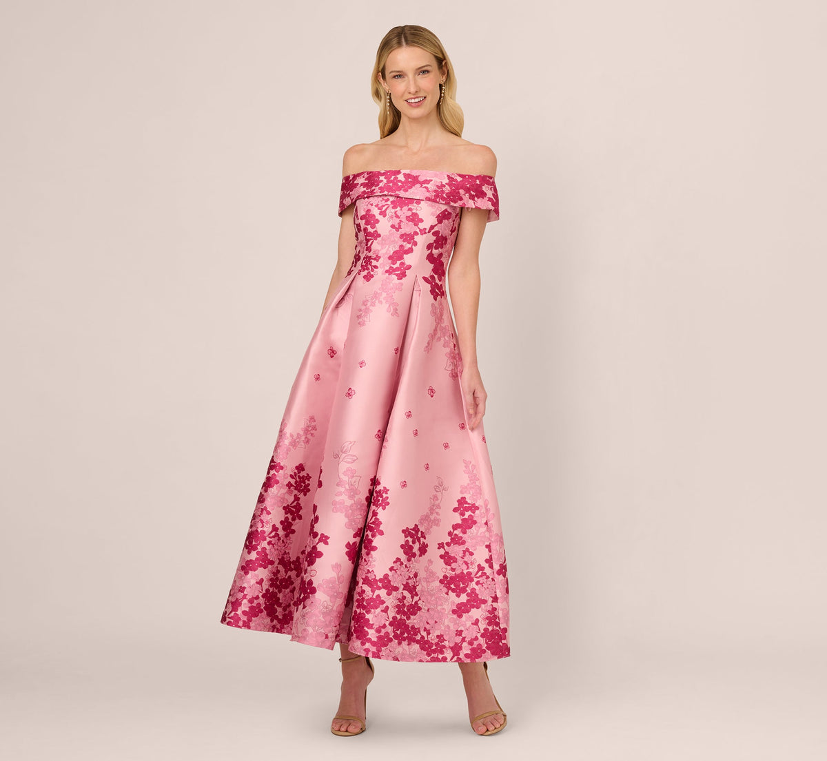 Floral Jacquard Ankle Length Dress With Off The Shoulder Neckline - Pink Multi | Adrianna Papell