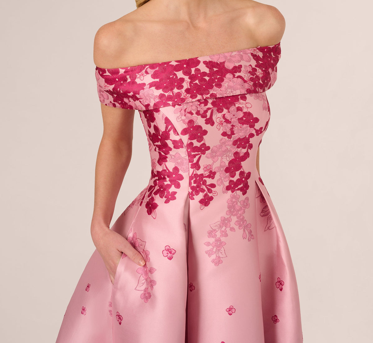 Floral Jacquard Ankle Length Dress With Off The Shoulder Neckline - Pink Multi | Adrianna Papell