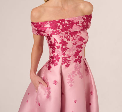 Floral Jacquard Ankle Length Dress With Off The Shoulder Neckline - Pink Multi | Adrianna Papell