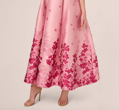 Floral Jacquard Ankle Length Dress With Off The Shoulder Neckline - Pink Multi | Adrianna Papell