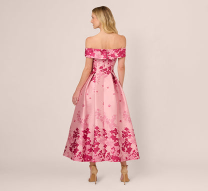 Floral Jacquard Ankle Length Dress With Off The Shoulder Neckline - Pink Multi | Adrianna Papell