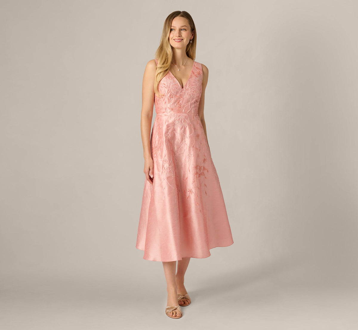 Floral Embroidered Dupioni A Line Midi Dress - Light Pink | Adrianna Papell