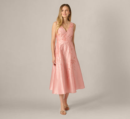 Floral Embroidered Dupioni A Line Midi Dress - Light Pink | Adrianna Papell