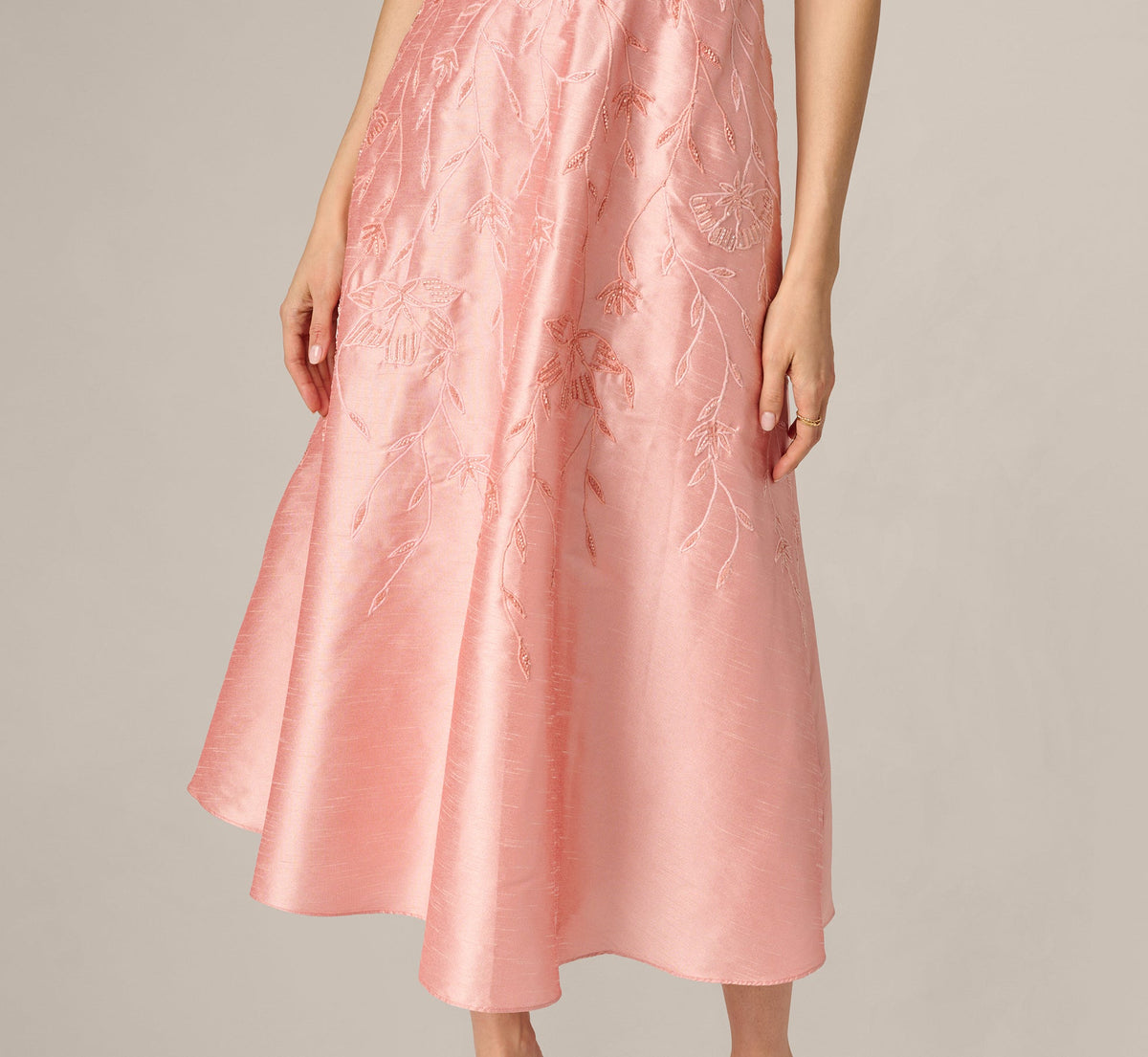 Floral Embroidered Dupioni A Line Midi Dress - Light Pink | Adrianna Papell