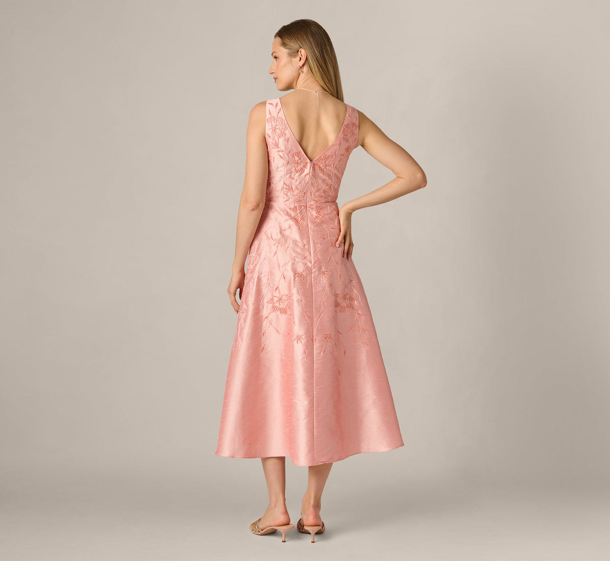 Floral Embroidered Dupioni A Line Midi Dress - Light Pink | Adrianna Papell