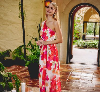 One Shoulder Watercolor Floral Stripe Gown - Ivory Pink Multi | Adrianna Papell