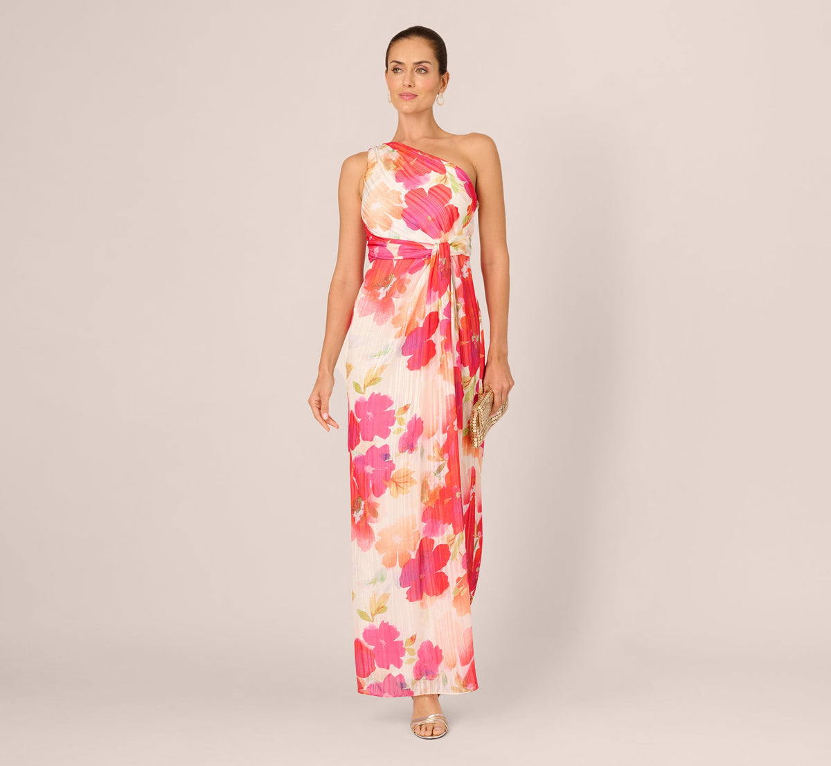One Shoulder Watercolor Floral Stripe Gown - Ivory Pink Multi | Adrianna Papell