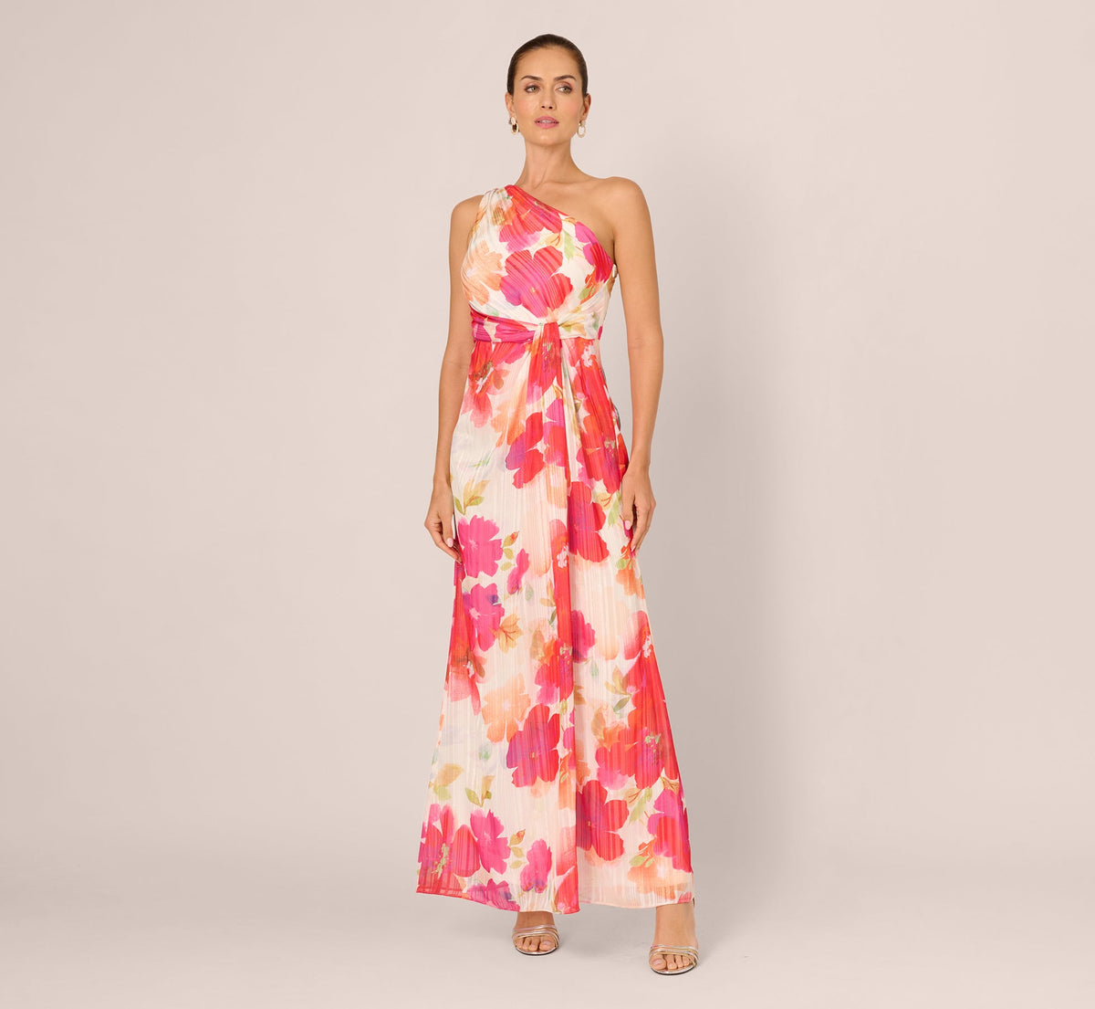One Shoulder Watercolor Floral Stripe Gown - Ivory Pink Multi | Adrianna Papell
