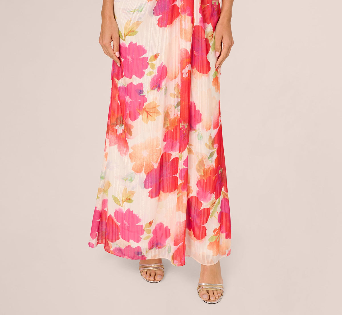 One Shoulder Watercolor Floral Stripe Gown - Ivory Pink Multi | Adrianna Papell