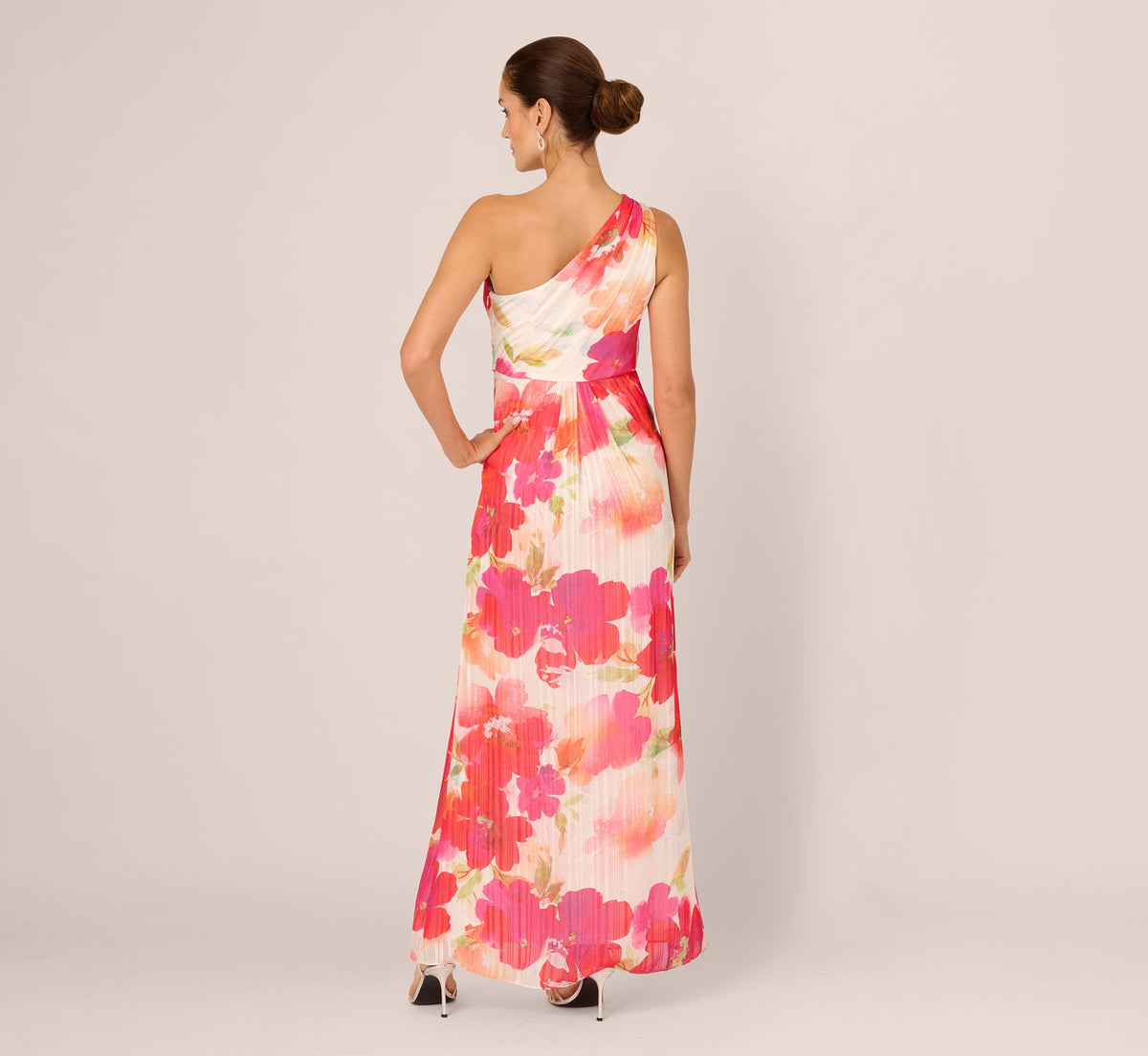 One Shoulder Watercolor Floral Stripe Gown - Ivory Pink Multi | Adrianna Papell