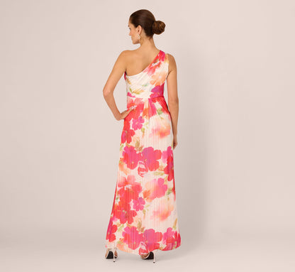 One Shoulder Watercolor Floral Stripe Gown - Ivory Pink Multi | Adrianna Papell