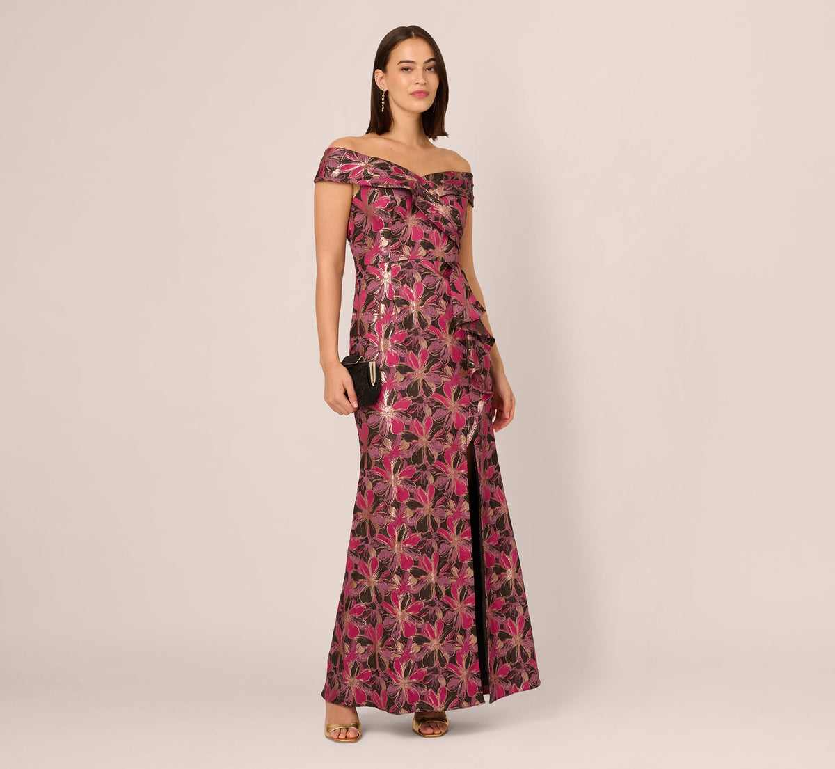 Off Shoulder Jacquard Gown - Fuchsia Multi | Adrianna Papell