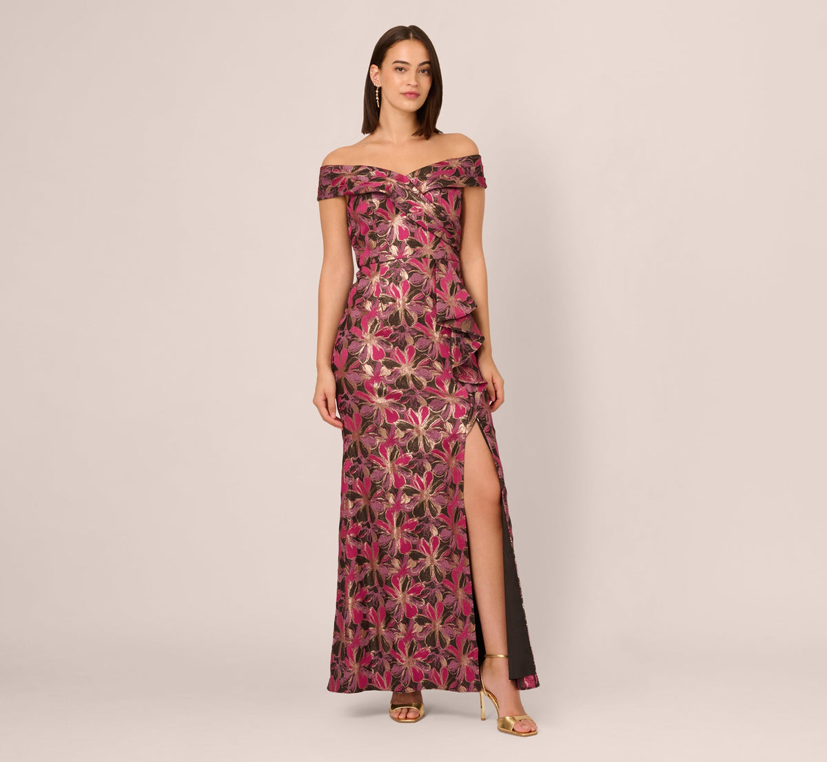 Off Shoulder Jacquard Gown - Fuchsia Multi | Adrianna Papell