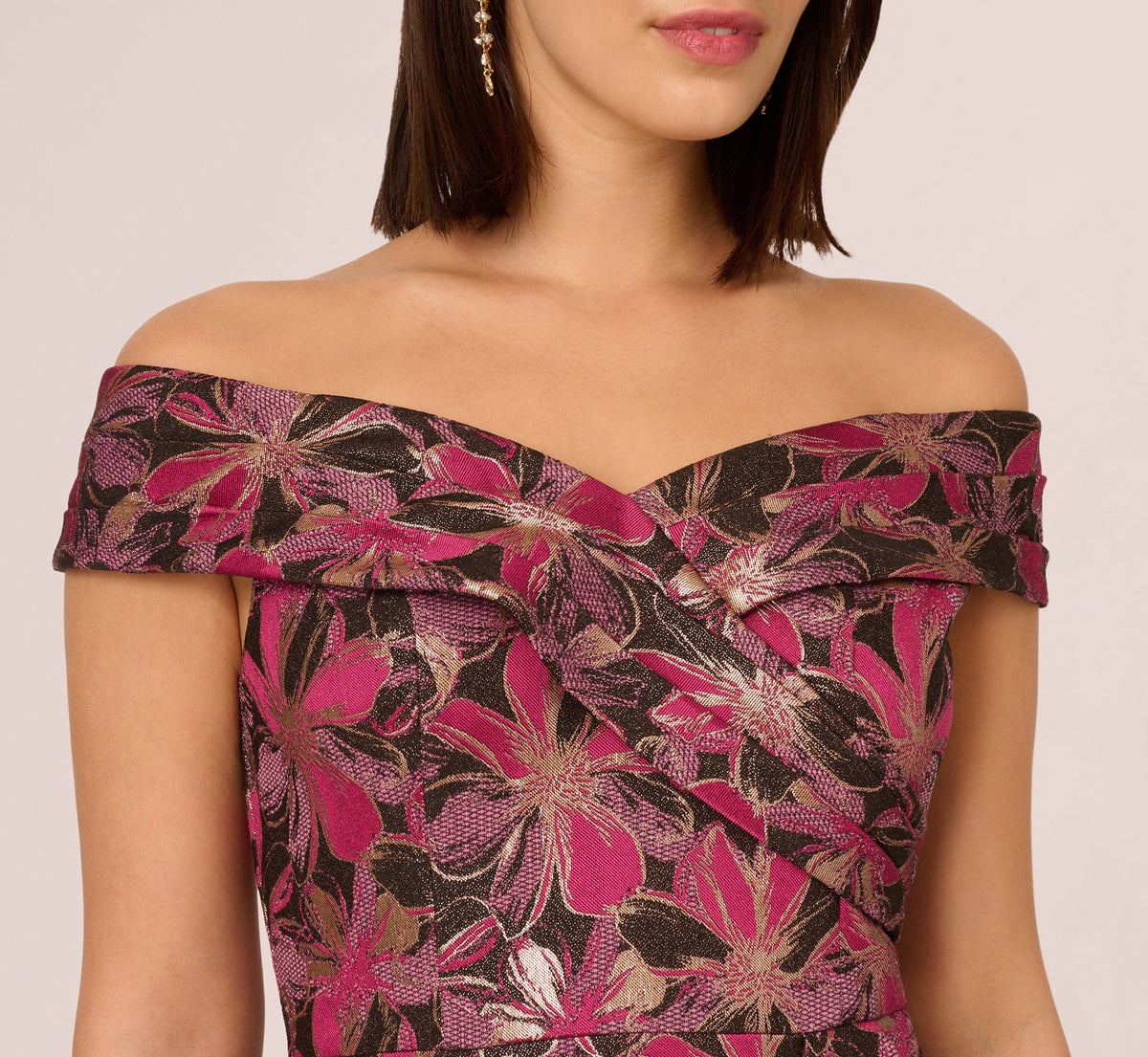 Off Shoulder Jacquard Gown - Fuchsia Multi | Adrianna Papell