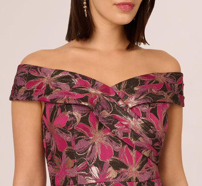 Off Shoulder Jacquard Gown - Fuchsia Multi | Adrianna Papell