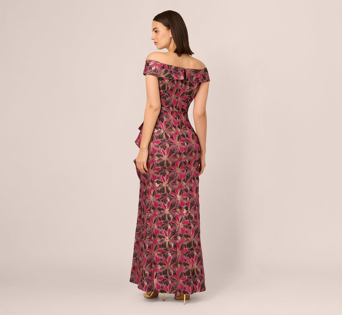 Off Shoulder Jacquard Gown - Fuchsia Multi | Adrianna Papell