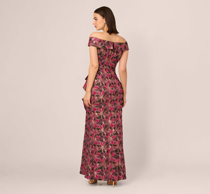 Off Shoulder Jacquard Gown - Fuchsia Multi | Adrianna Papell
