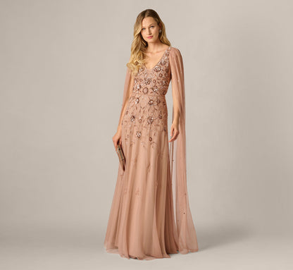 Cape Sleeve Floral Sequin Beaded Gown - Rose Gold | Adrianna Papell