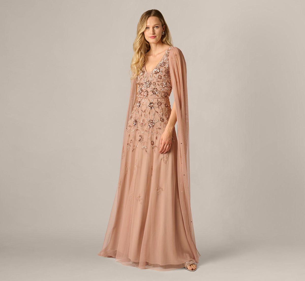 Cape Sleeve Floral Sequin Beaded Gown - Rose Gold | Adrianna Papell