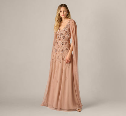 Cape Sleeve Floral Sequin Beaded Gown - Rose Gold | Adrianna Papell