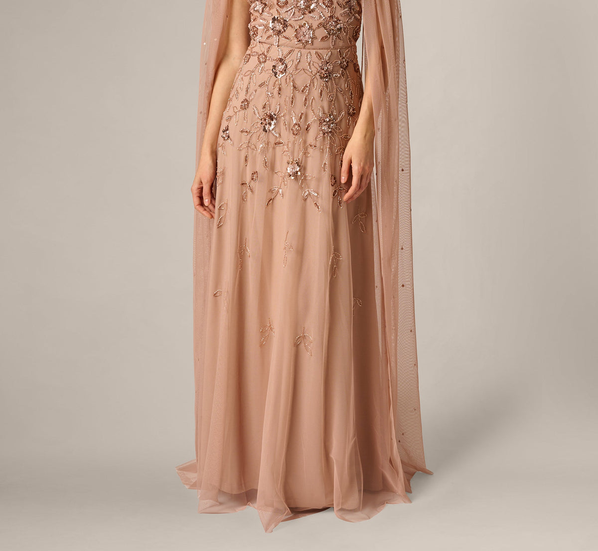 Cape Sleeve Floral Sequin Beaded Gown - Rose Gold | Adrianna Papell