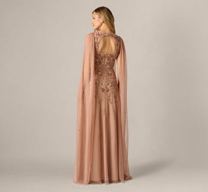 Cape Sleeve Floral Sequin Beaded Gown - Rose Gold | Adrianna Papell