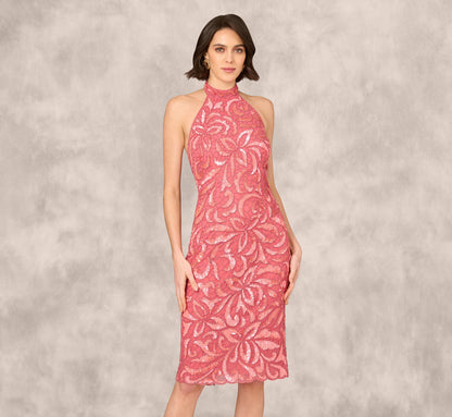 Beaded Halter Midi Sheath Dress - Summer Rose | Adrianna Papell