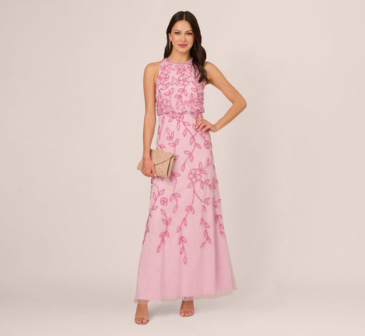 Sleeveless Blouson Mermaid Gown With Jasmine Beading - Pink Lace | Adrianna Papell