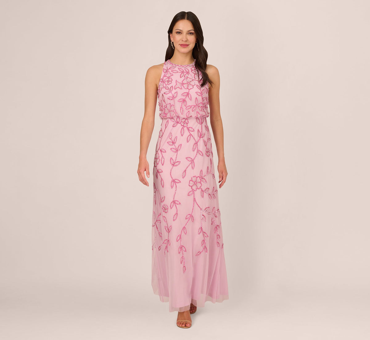 Sleeveless Blouson Mermaid Gown With Jasmine Beading - Pink Lace | Adrianna Papell