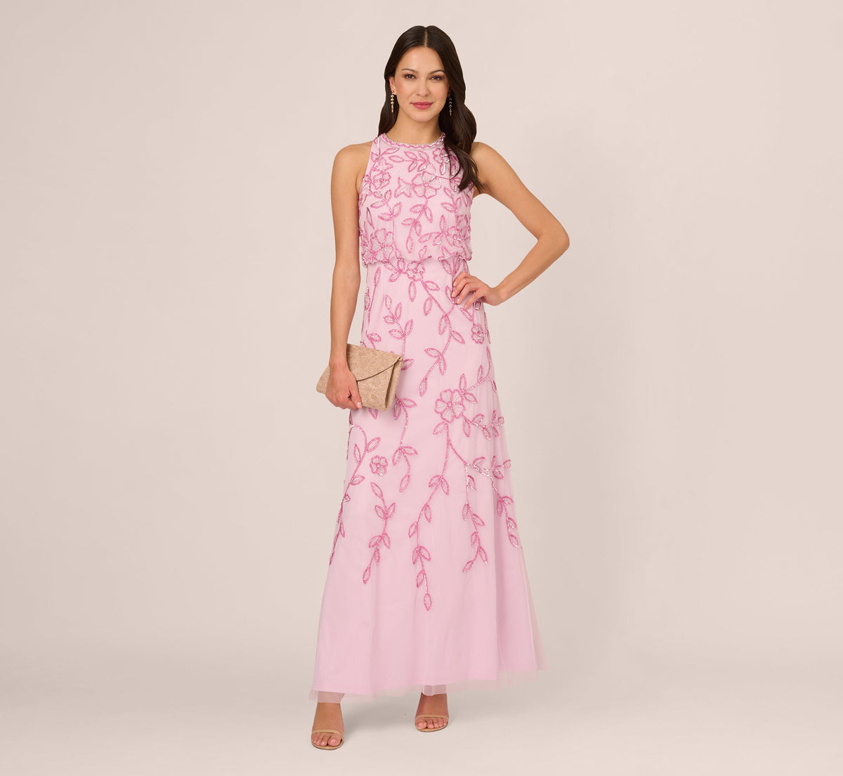 Sleeveless Blouson Mermaid Gown With Jasmine Beading - Pink Lace | Adrianna Papell