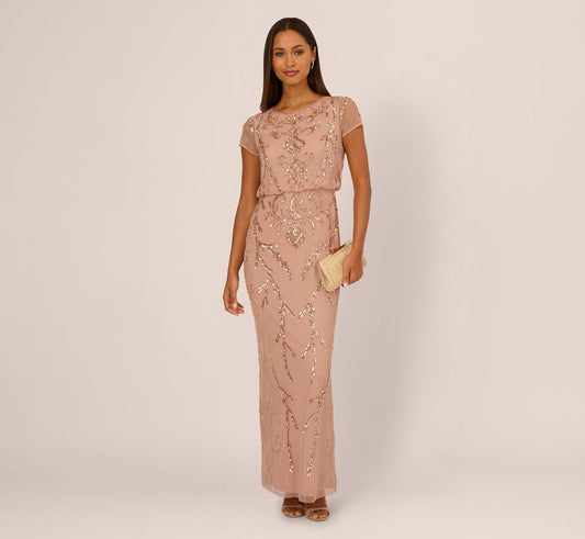 Short Sleeve Beaded Blouson Gown - Rose Gold | Adrianna Papell