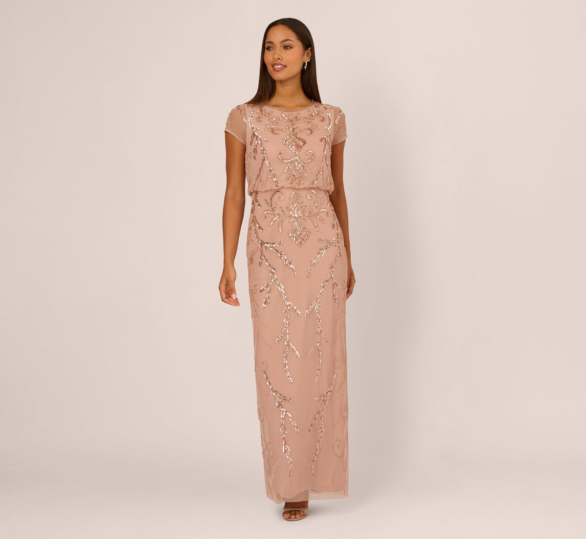 Short Sleeve Beaded Blouson Gown - Rose Gold | Adrianna Papell