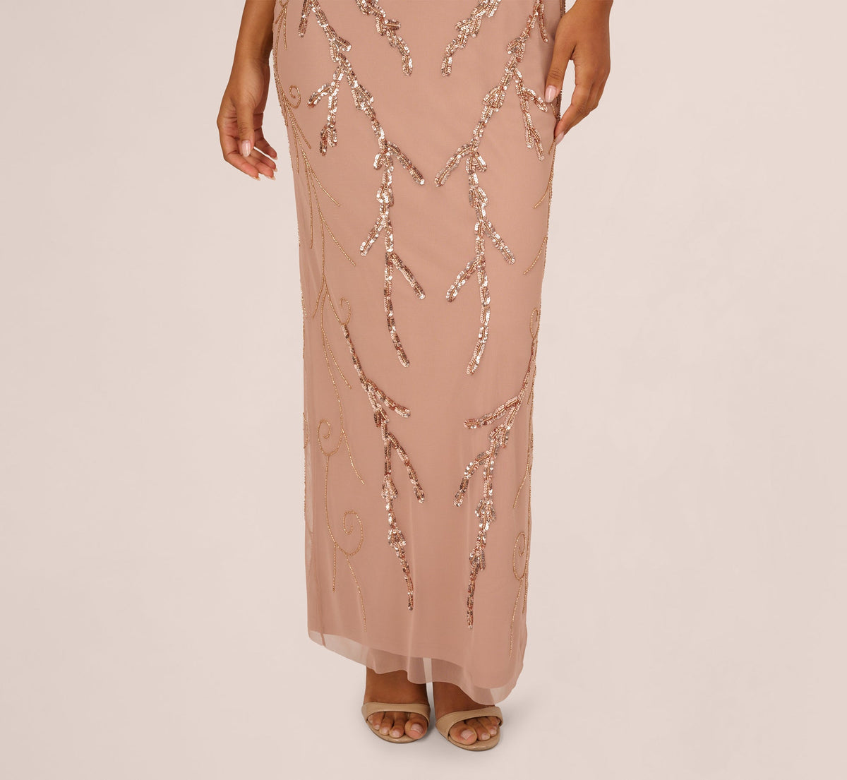 Short Sleeve Beaded Blouson Gown - Rose Gold | Adrianna Papell