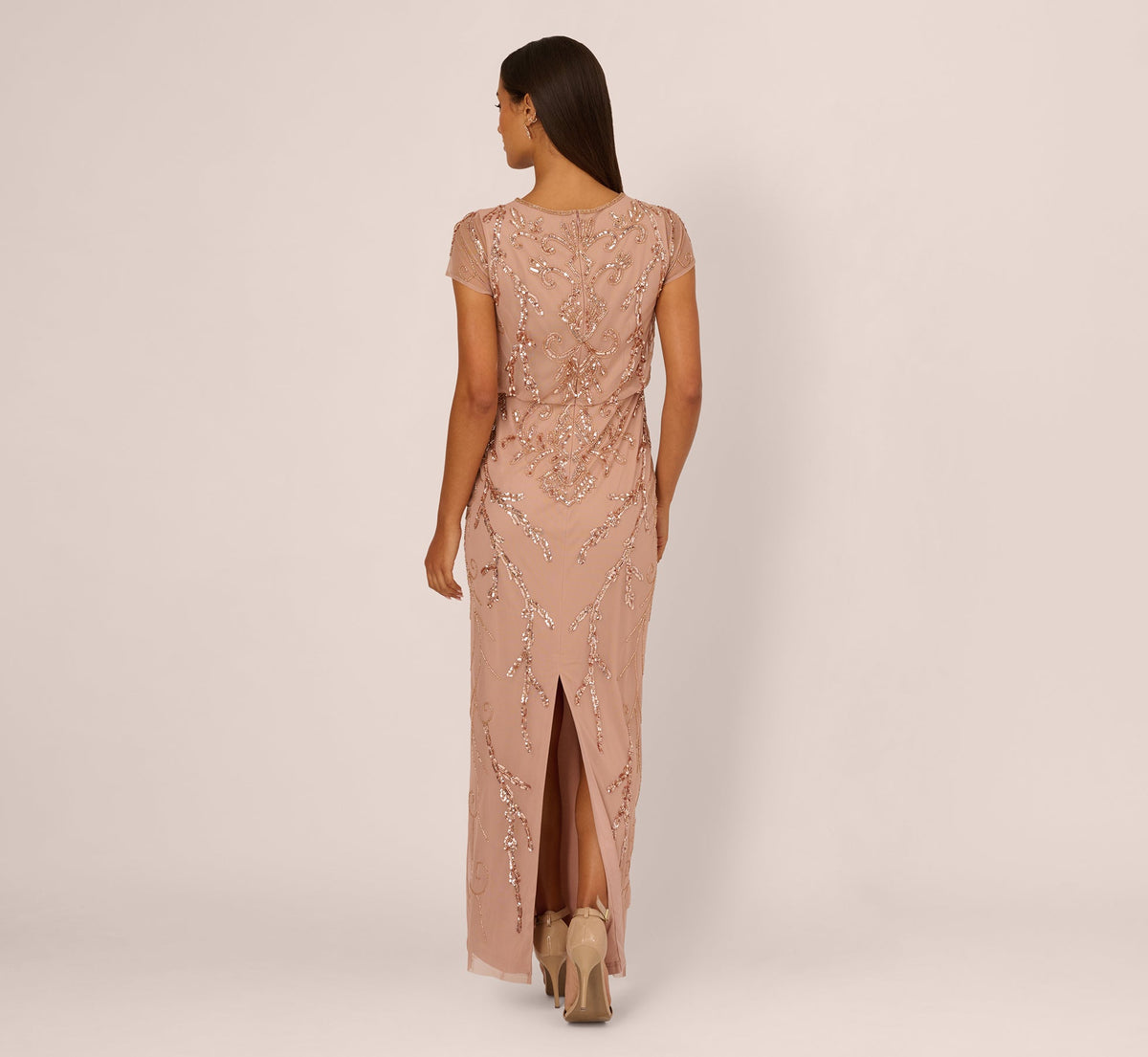 Short Sleeve Beaded Blouson Gown - Rose Gold | Adrianna Papell
