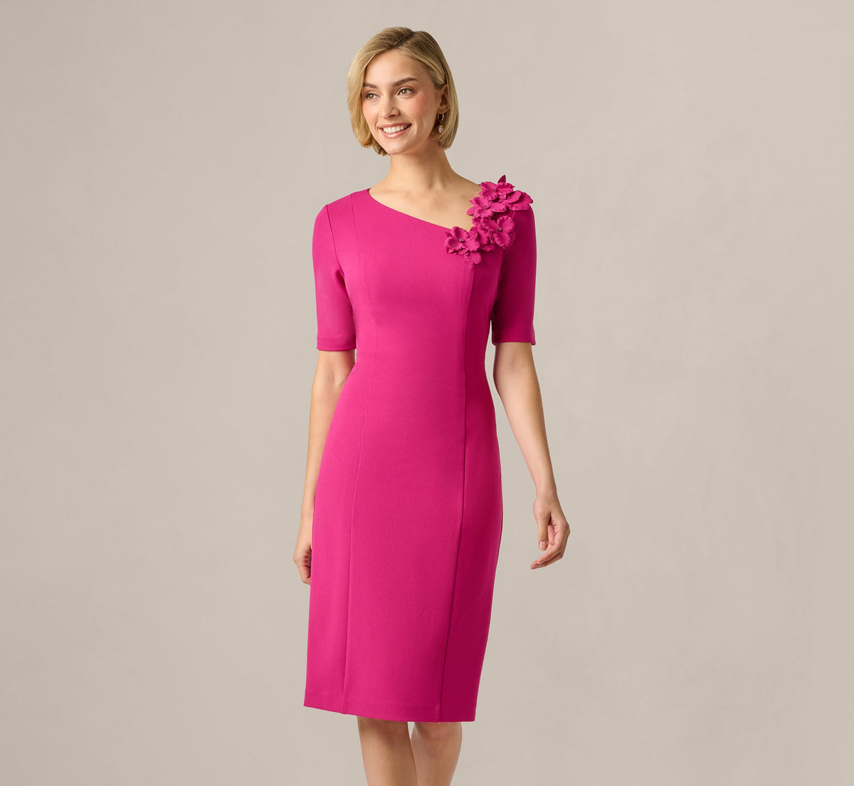 Short Sleeve 3D Floral Stretch Crepe Sheath Dress - Bright Magenta | Adrianna Papell