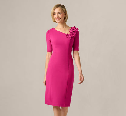 Short Sleeve 3D Floral Stretch Crepe Sheath Dress - Bright Magenta | Adrianna Papell