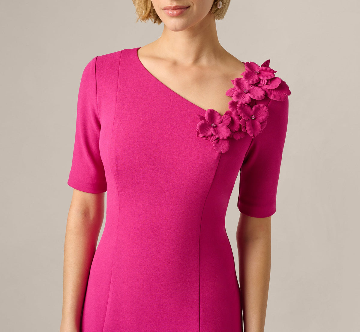 Short Sleeve 3D Floral Stretch Crepe Sheath Dress - Bright Magenta | Adrianna Papell