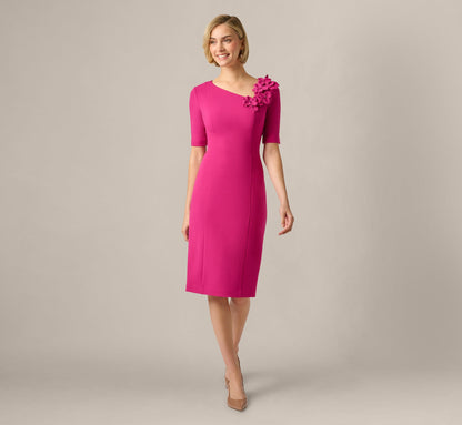 Short Sleeve 3D Floral Stretch Crepe Sheath Dress - Bright Magenta | Adrianna Papell