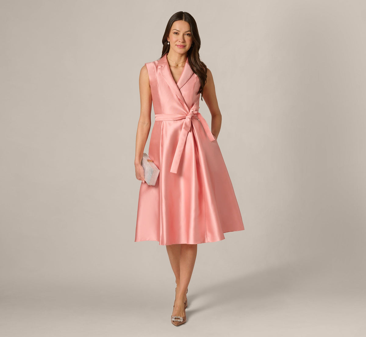 Mikado Lapel Belted Midi Dress - Apricot Ice | Adrianna Papell