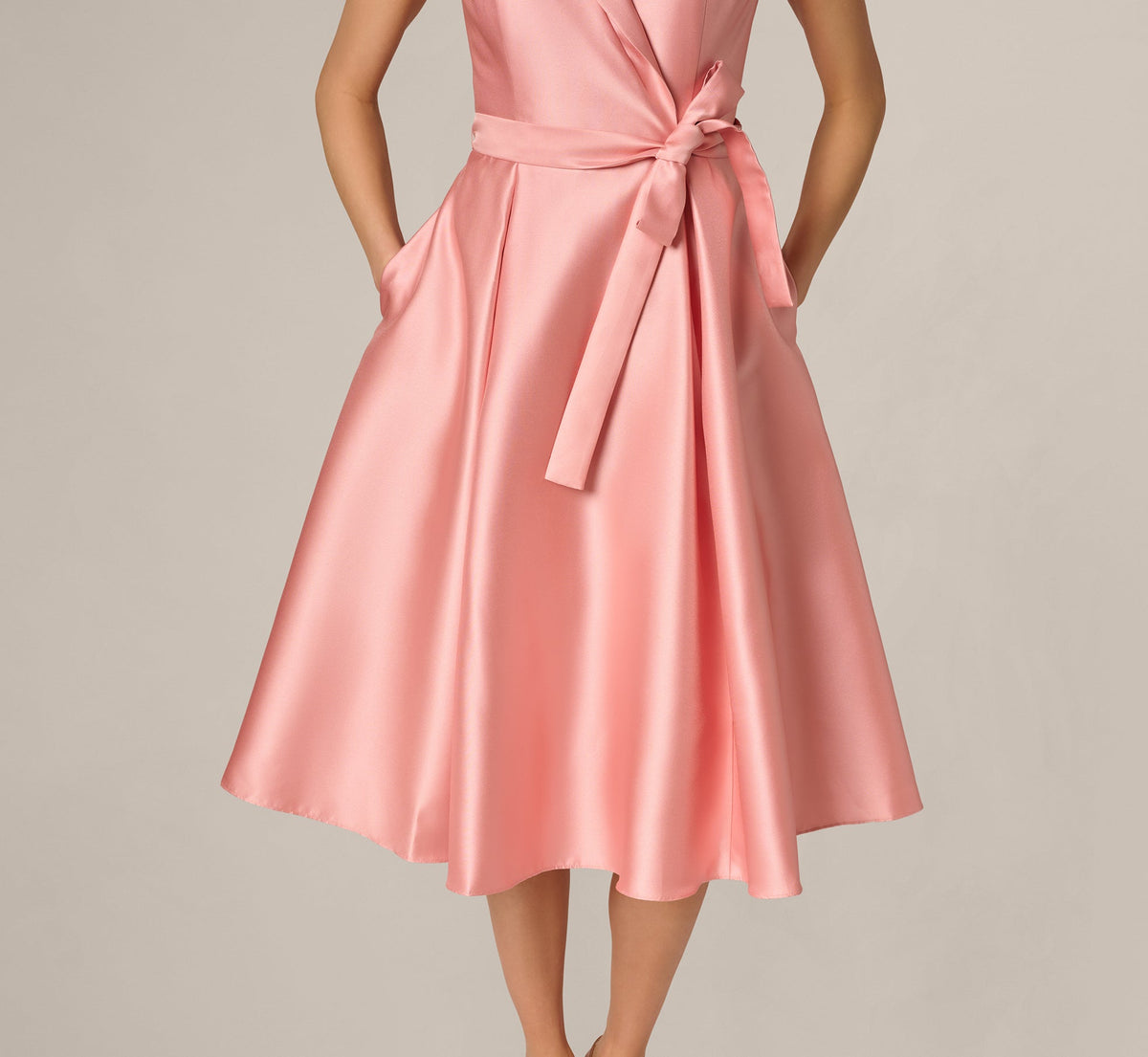 Mikado Lapel Belted Midi Dress - Apricot Ice | Adrianna Papell